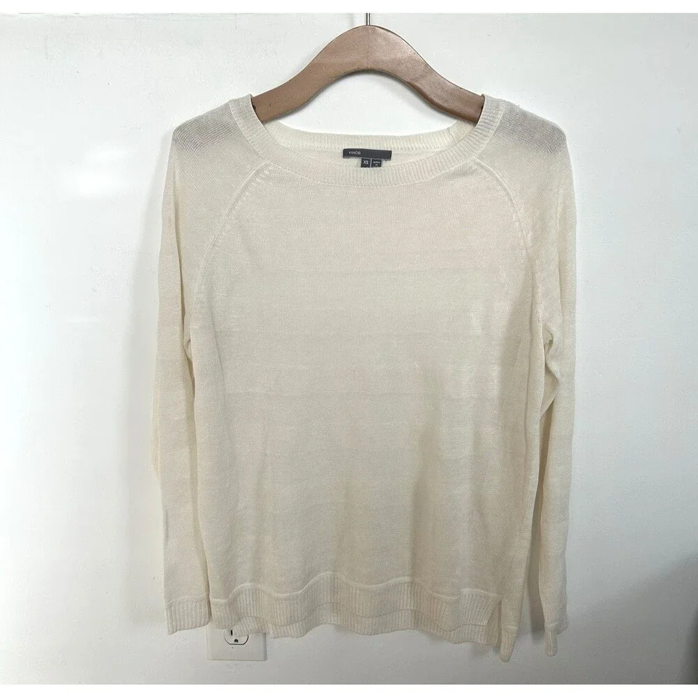Vince Round Neck Raglan Sleeve Light Linen L/S Sweater Semi Sheer Stripes Sz XS